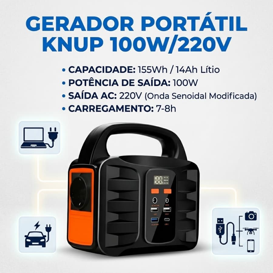Gerador De Energia Portatil 100w 220v Com Bateria De Lítio Com Visor Led Energia Solar Carregador Inversor Veicular