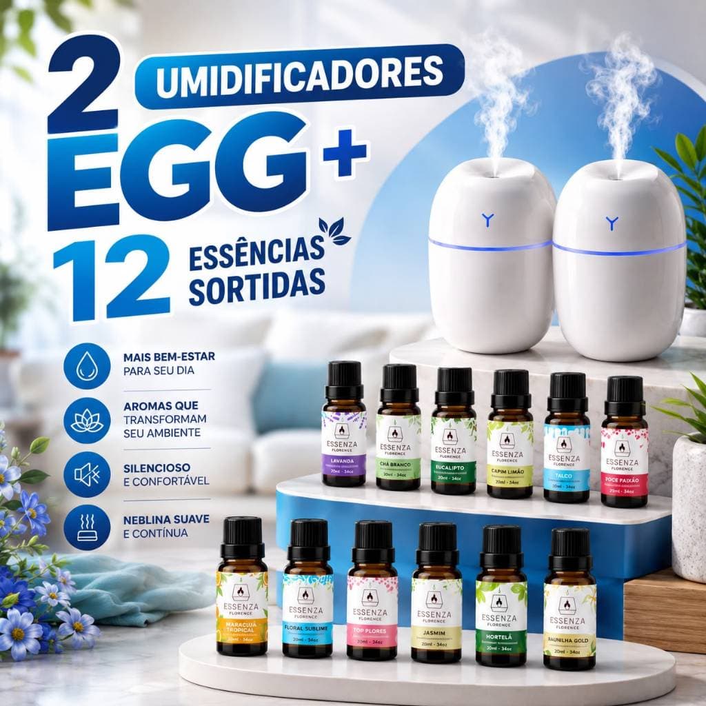 Kit de Umidificador Aromatizador com Essências Hidrossolúvel | Modelo EGG | Aromatizantes 20ml