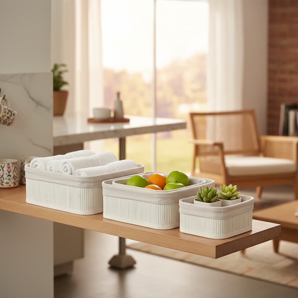 Kit 3 Cestos Organizadores de Bambu Branco Lehaví  Multiuso Organizador Cozinha Banheiro Quarto