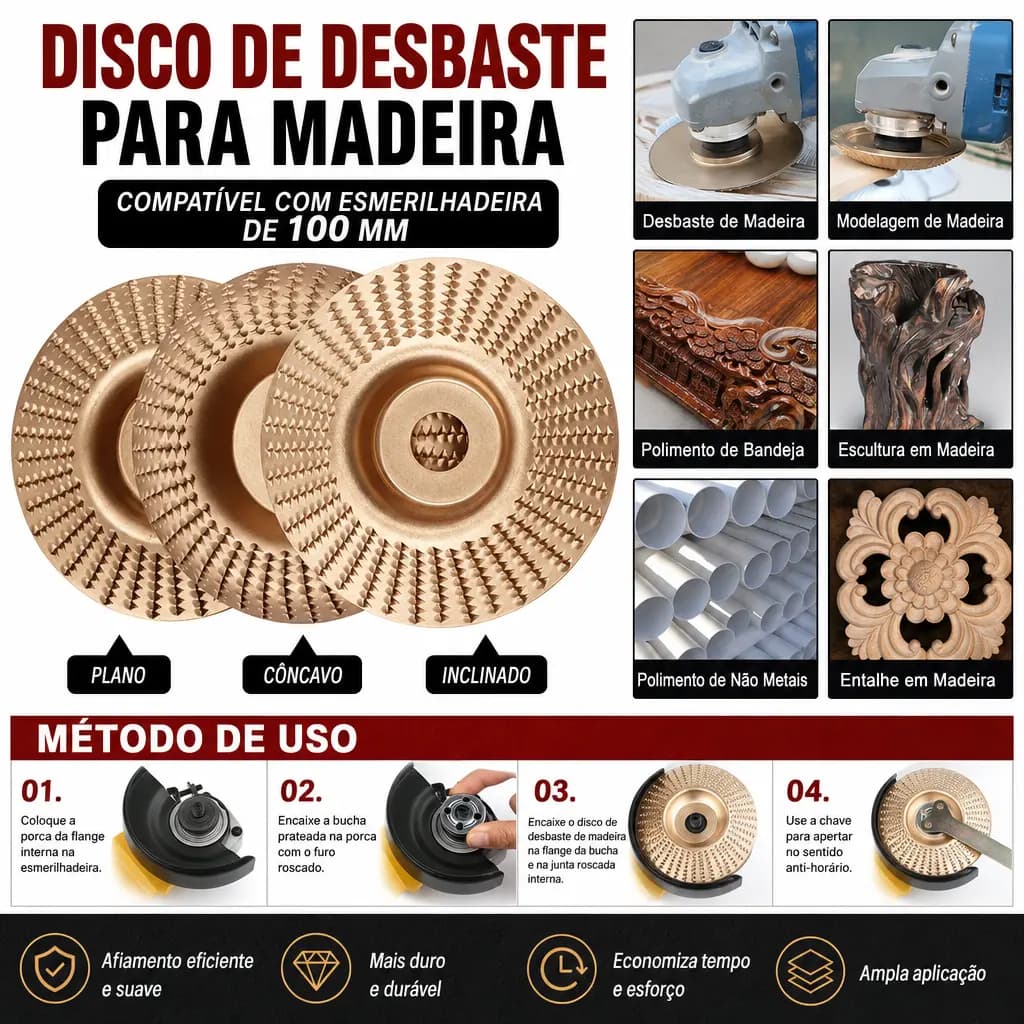 Kit 3 Peças Discos Madeira 100mm p/ Esmerilhadeira - Desbaste + Corte Reforçado Universal Profissional