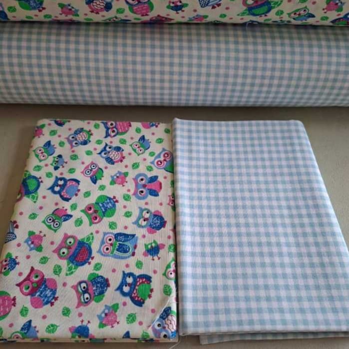 Kit 2 Tecidos Tricoline 100% Algodão Corujas e Xadrez 50cm x 1,50m Patchwork Costura Criativa