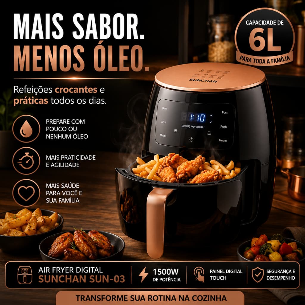 Air Fryer 6L Digital SUNCHAN 1500W 110V Fritadeira Sem Óleo com Painel Touch Antiaderente Timer Para Familia