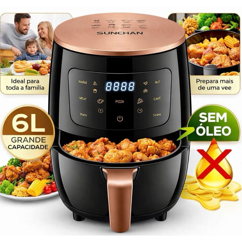 Fritadeira Air Fryer Digital SUNCHAN 6L 1500W Painel Touch Cesto Antiaderente Timer 110V Preta