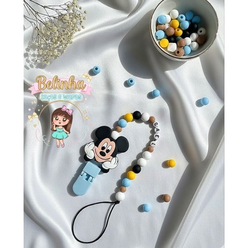 Prendedor de Chupeta Personalizado com Nome Mickey Azul  Porta Chupeta Bebê Menino Presente Maternidade Artesanal