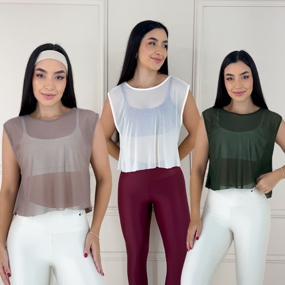 Blusa Feminina de Tule Transparente Cropped top com Manga Roupa de academia Moda fitness
