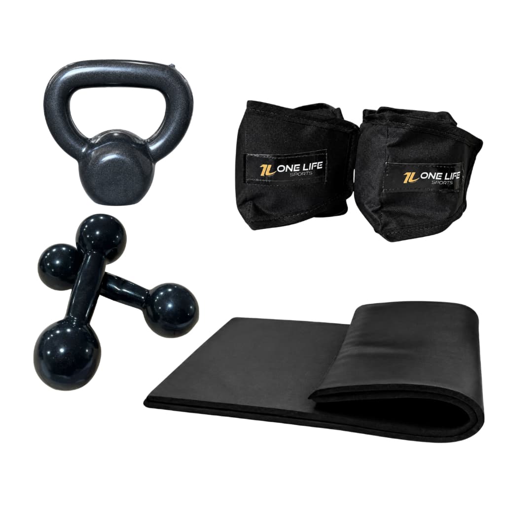 Kit Aeróbico em Casa Caneleira 3kg Halter 1kg Kettlebell 4kg Colchonete Treino Funcional Musculação