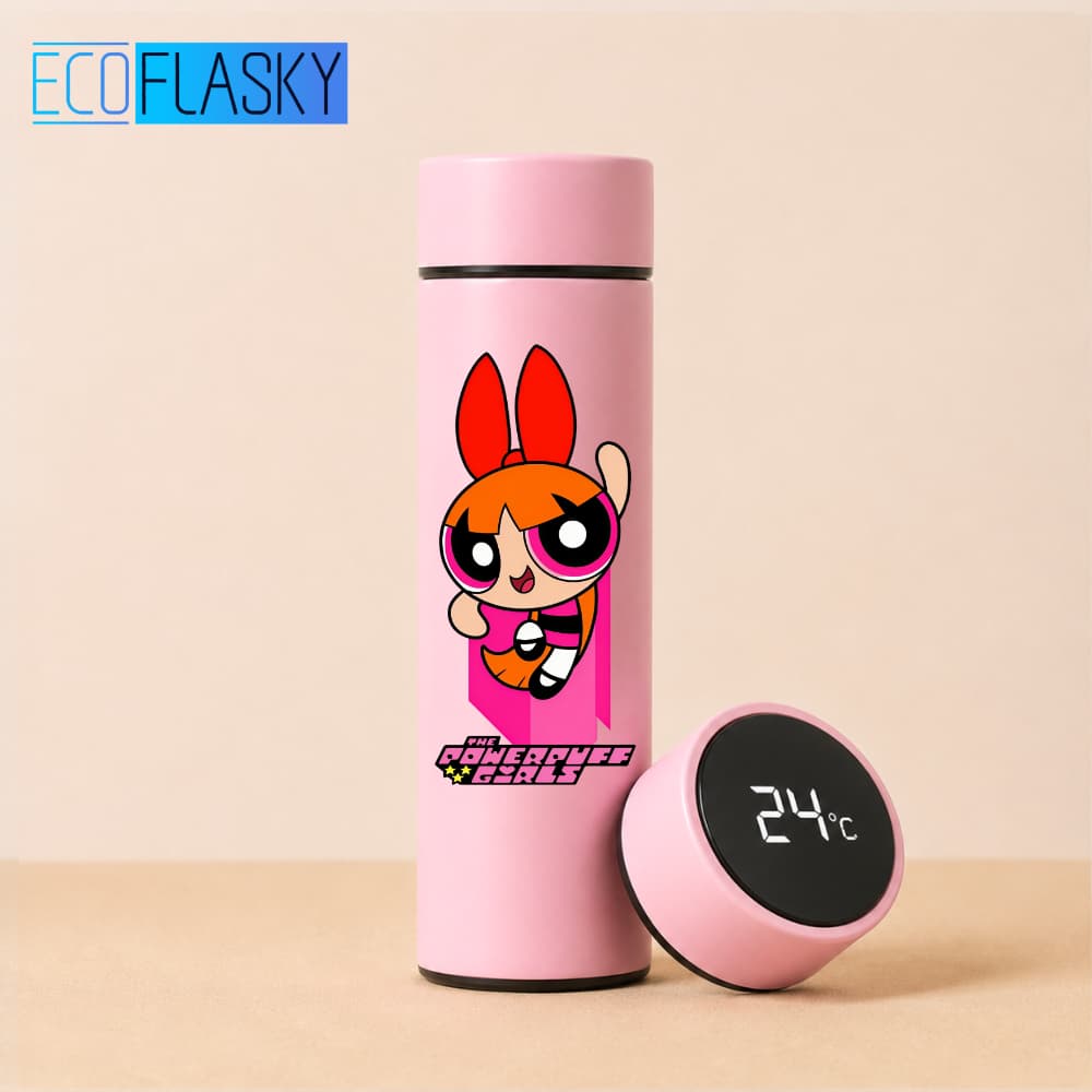 Garrafa Térmica de Água Infantil Aço Inoxidável Florzinha As Meninas Superpoderosas Termometro LED Digital Estampada