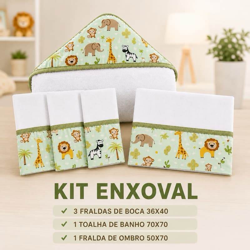 Kit Enxoval Bebê Menino Safari e Menina 3 fraldas De Boca 1 Toalha De Banho com capuz e 1 Fralda De Ombro 100%Algodão
