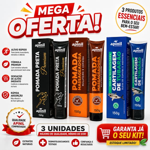 Kit 3 unid Pomada Massageadora 150g Pomada Preta Premium + Cartilagem de Tubarão + Mulateiro e Copaíba - Apinil