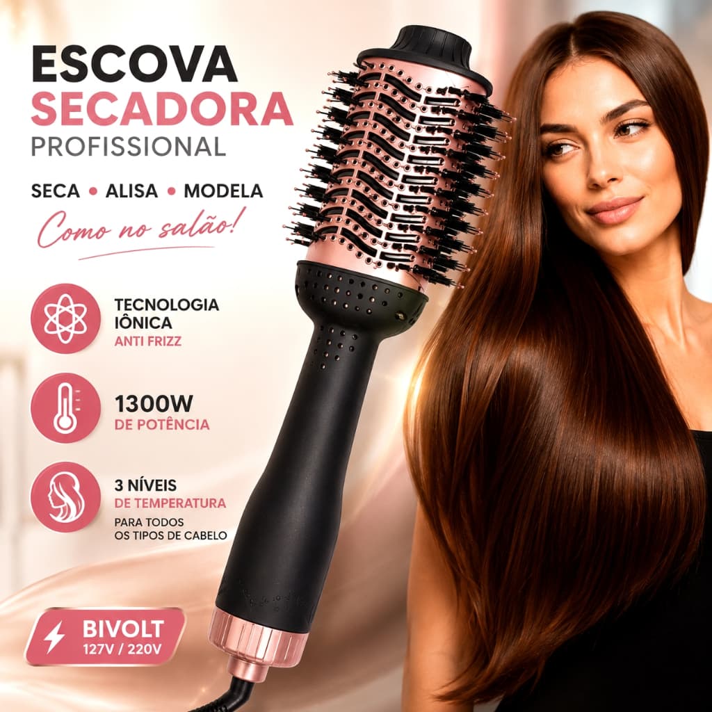 Escova Secadora 1300W Bivolt Profissional 3 Em 1 Alisa Seca Modela Cabelos Com Íons Anti Frizz