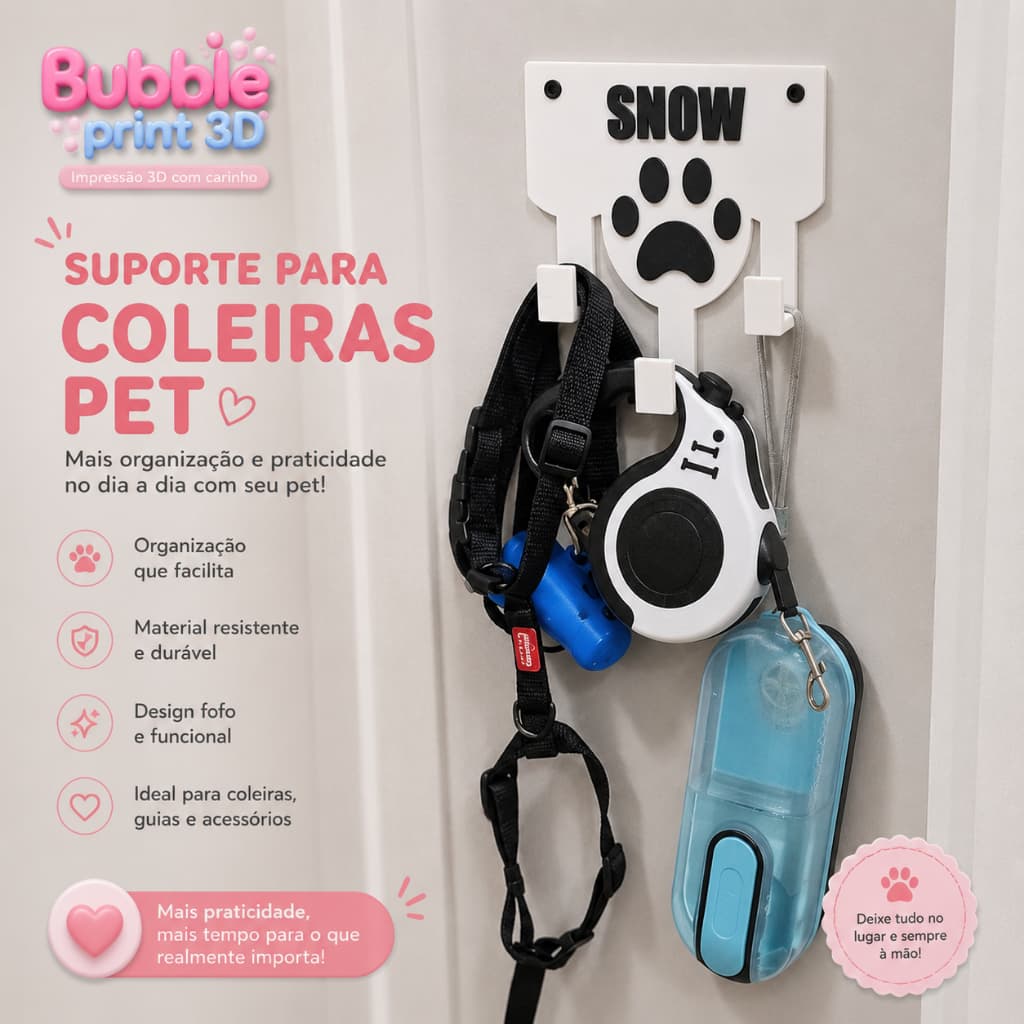 Suporte Organizador de Coleira Personalizado com Nome para Pet - Porta Guia e Acessórios Pet