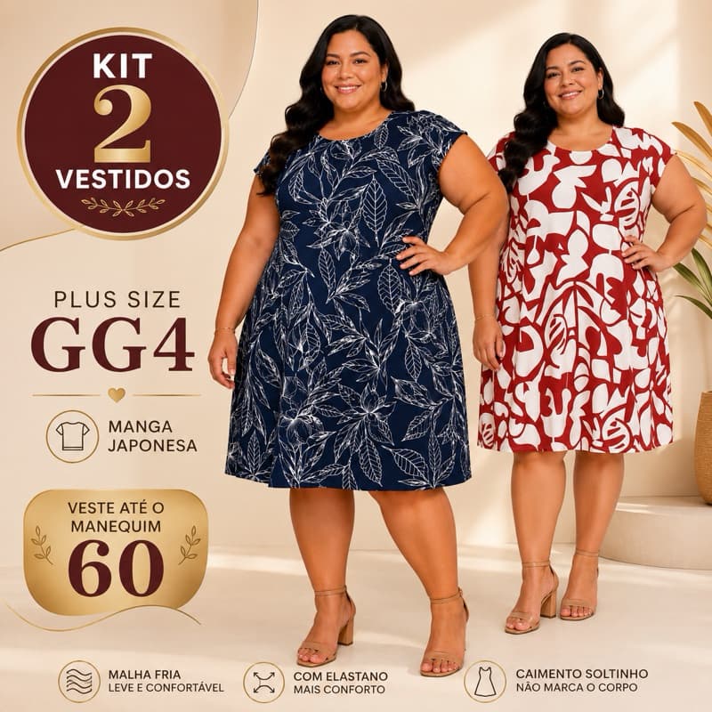 Kit 2 Vestidos Plus Size GG4 Manga Japonesa Malha Fria Vestido Feminino Soltinho Confortável Veste Até 60