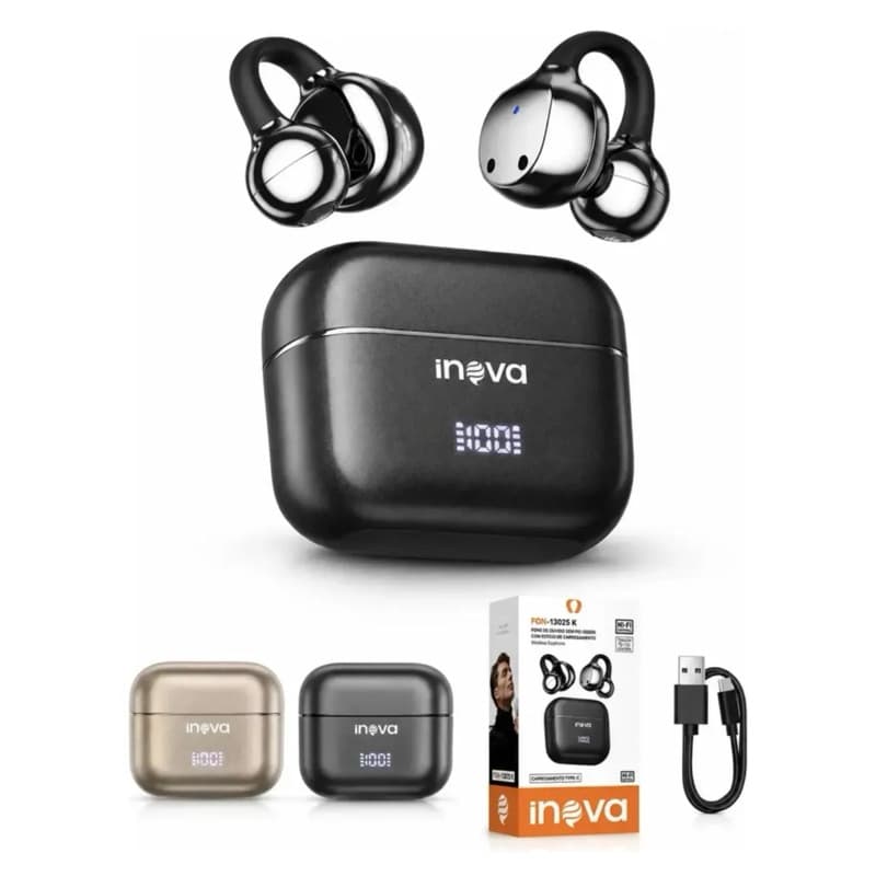 Fone Bluetooth Inova OWS FON-13025K Ear Clip Bluetooth 6.0 Sem Fio Hi-Fi Display Digital Preto/Dourado Original
