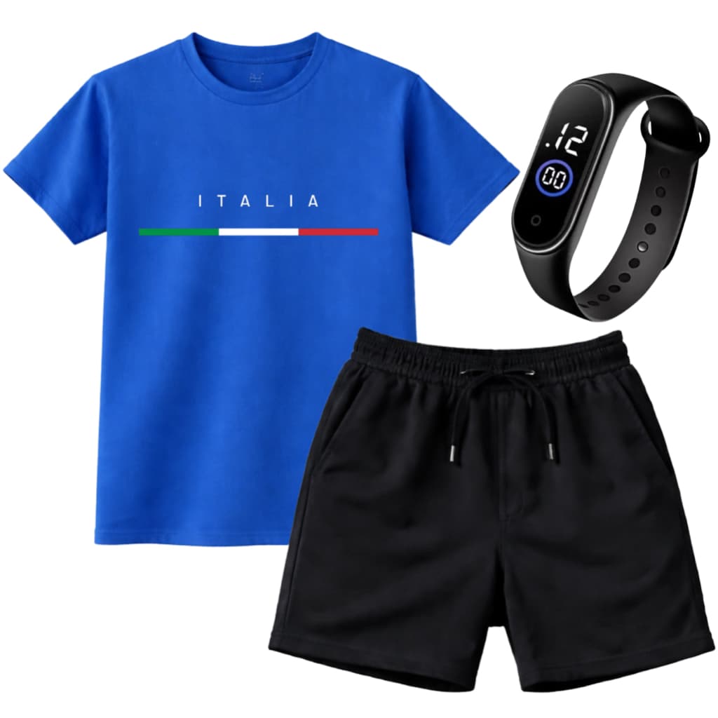 Kit Conjunto Infantil Masculino Camiseta Itália + Short Moletom + Relógio de Brinde