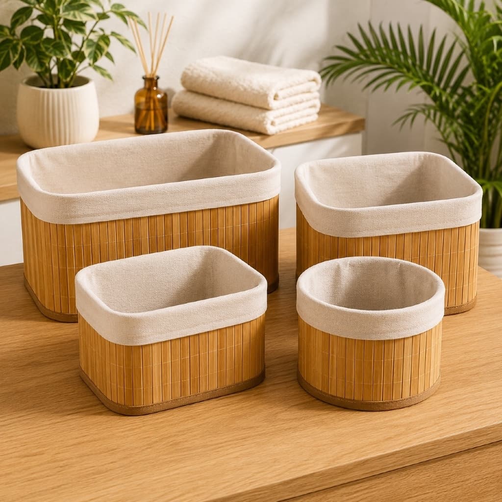 Kit 4 Cestos Organizadores de Bambu Multiuso Organizador para Closet Banheiro Quarto Lavanderia