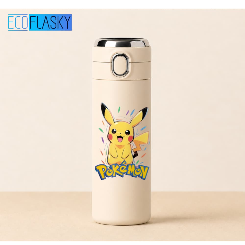 Garrafa Térmica Infantil de Aço Inox Pikachu Pokémon com Termometro LED Digital Anime Jogo 420ml