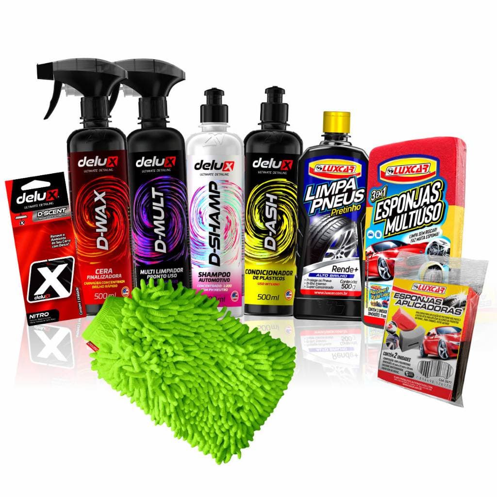 Kit DeLux P/ Lavar Carro Shampoo D-shamp D-Mult D-Wax D-Ash Limpa Pneus + Acessórios