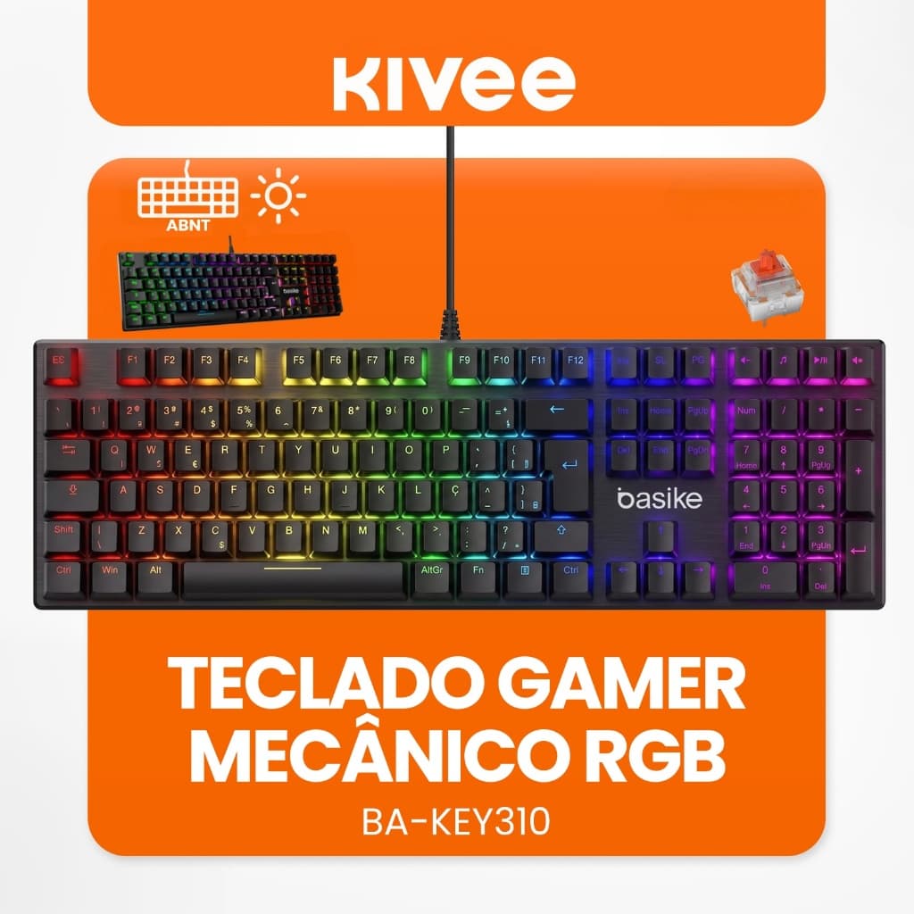 Kivee X Basike Teclado Gamer Semi Mecânico ABNT2 RGB Retroiluminado Anti-Ghosting Multimídia USB PC KEY310