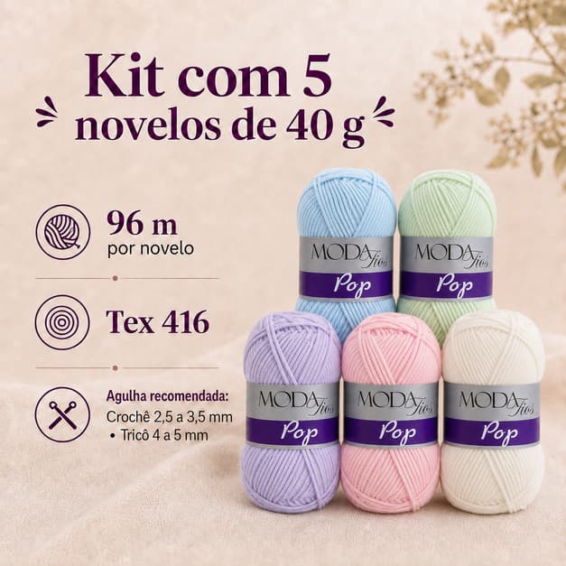 Kit 5 Novelos Fio Lã Acrílica Pop Moda Fios 40g 96m Crochê Tricô Amigurumi Artesanato
