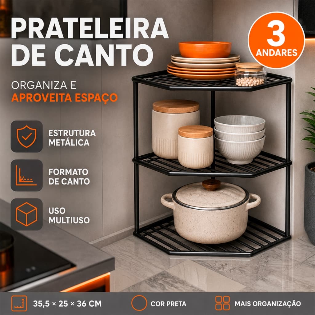 Prateleira de Canto 3 Andares Aço Inox Preta Organizador Multiuso para Cozinha e Banheiro