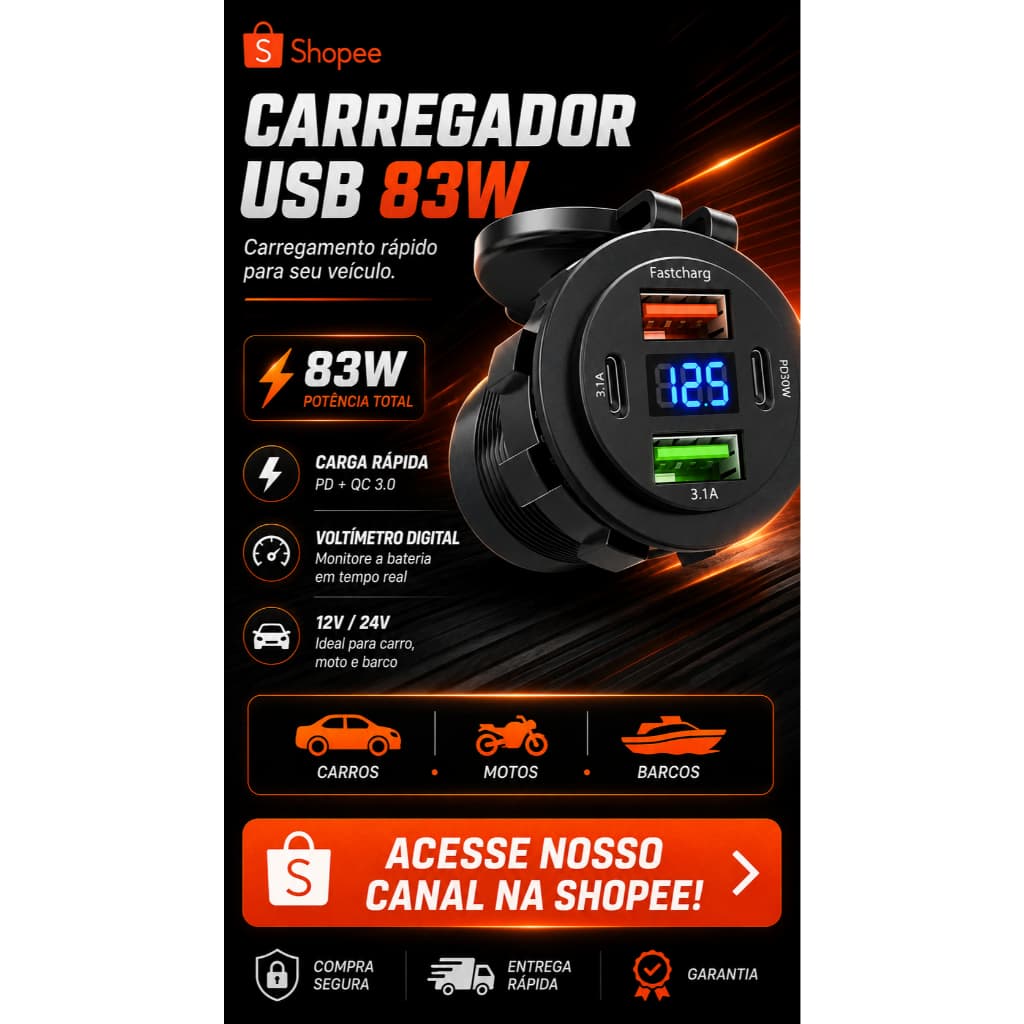 Tomada Carregador Veicular 4 Usb C Pd3.0 Voltimetro 12/24v