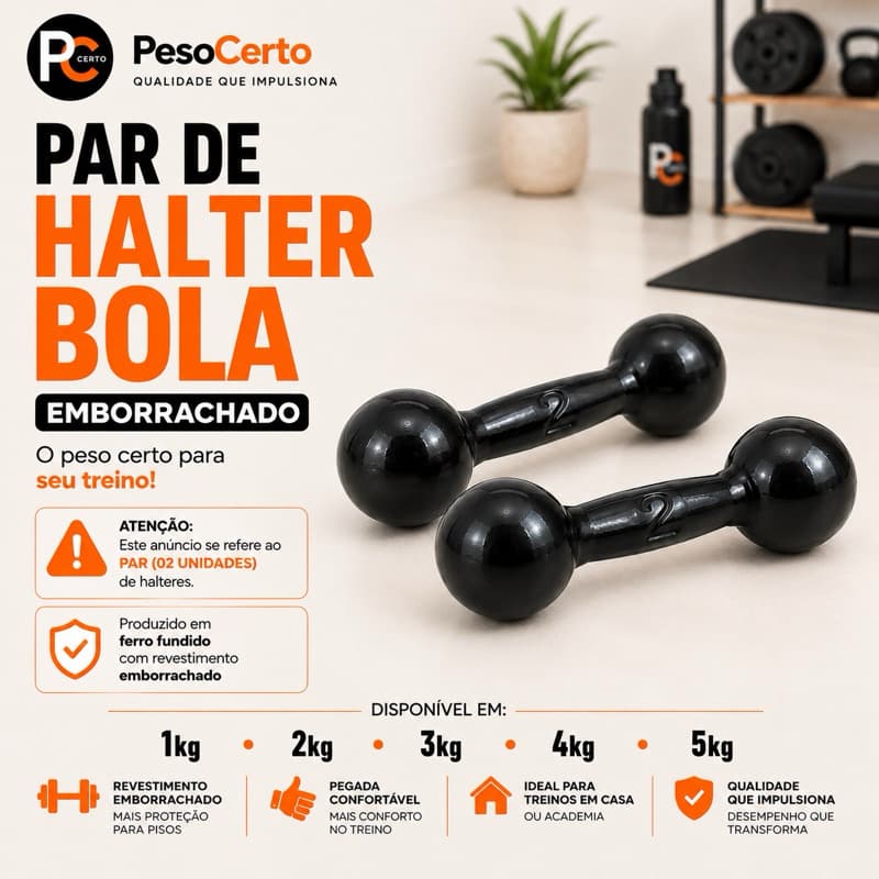 Par Halter Bola Emborrachado 1kg 2kg 3kg 4kg 5kg Peso Academia Musculação Treino Casa Pesinho