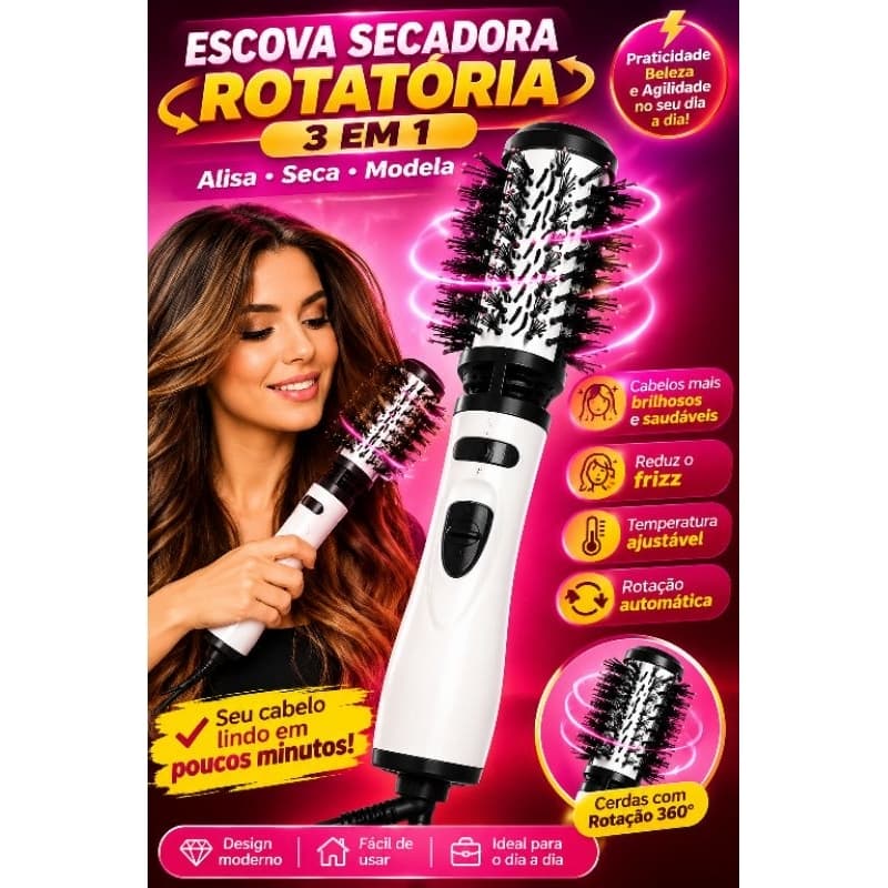Escova Secadora Rotatória 3 em 1 Profissional  Alisa Seca Modela Cabelos com Ar Quente 900W