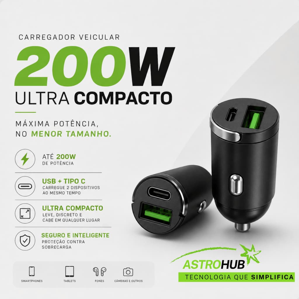 Carregador Veicular Turbo Mini Entradas USB 100W + Tipo C 100W