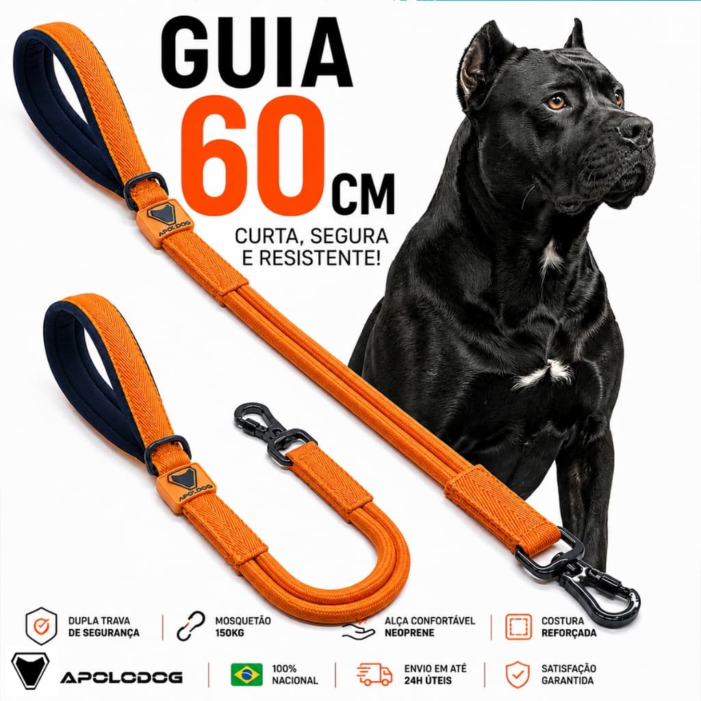 Guia Curta Pitbull Pet Resistente 60cm Cães Grande Médio Porte Forte Mosquetão Passeio Perto Tráfico