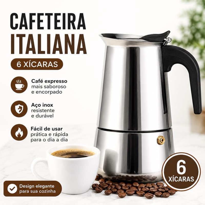 Cafeteira Italiana Inox 6 Xícaras para Café Expresso – Resistente e Fácil de Usar