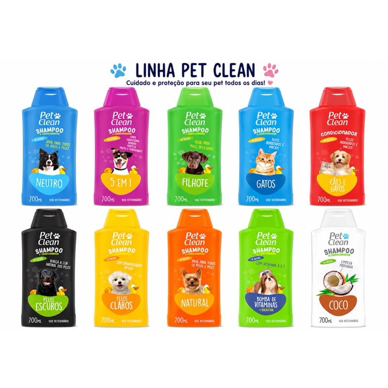 Shampoo Pet Clean 700ml para Cachorros e Gatos | 5 em 1 | Filhotes | Pelos Claros | Natural