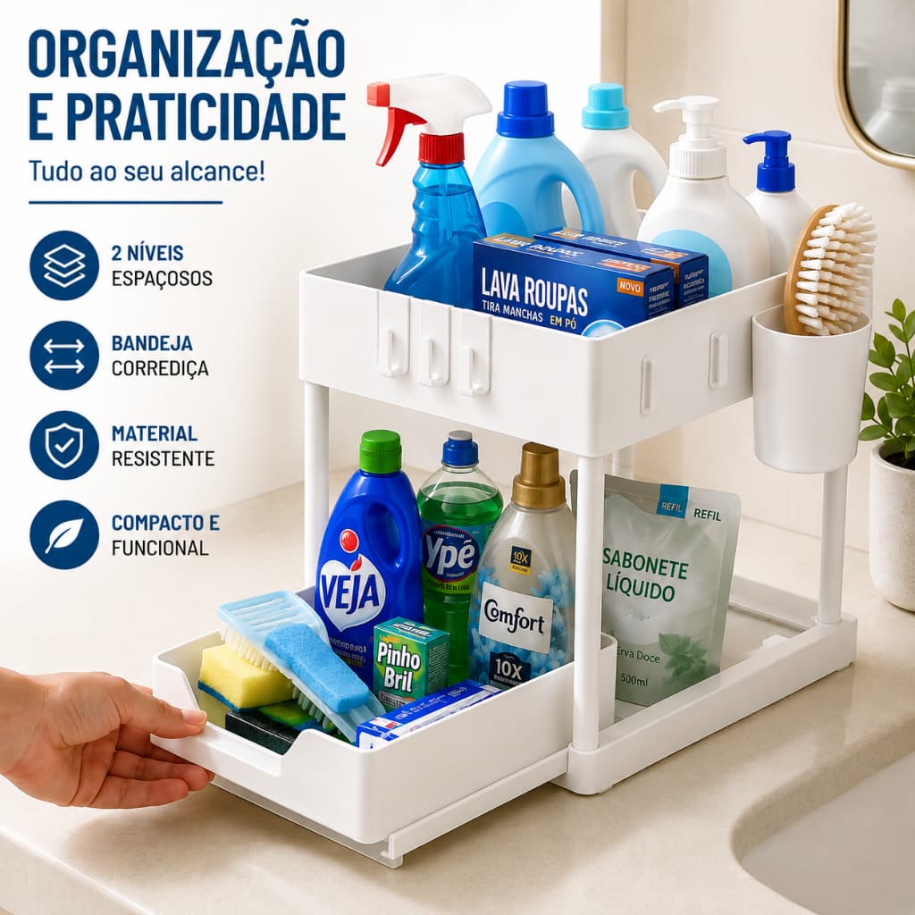 Organizador Multiuso 2 Níveis Com Bandeja Corrediça Branco Organizador de Cozinha Banheiro Lavanderia