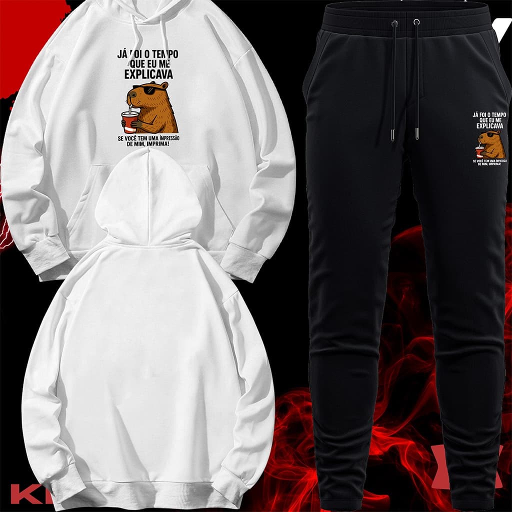 Conjunto Moletom Unissex Adulto Blusa de Frio Canguru e Calça Personalizada Estampa CAPIVARA JA FOI O TEMPO