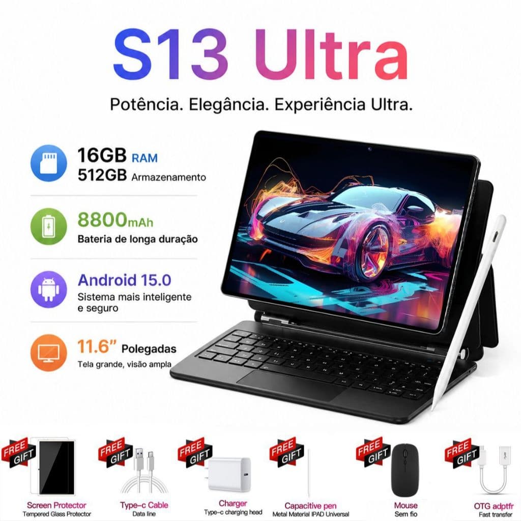 Tablet Galaxy S13 Ultra Wifi com chip 11.6 8800mah Android 15, 16GB+512GB Teclado+Mouse+Fones de ouvido Bluetooth Câmera