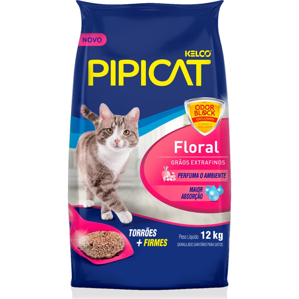 Areia Sanitária Para Gatos Kelco Pipicat Floral 12kg - Ultra Absorvente, Perfume Floral, Grânulos Extrafinos