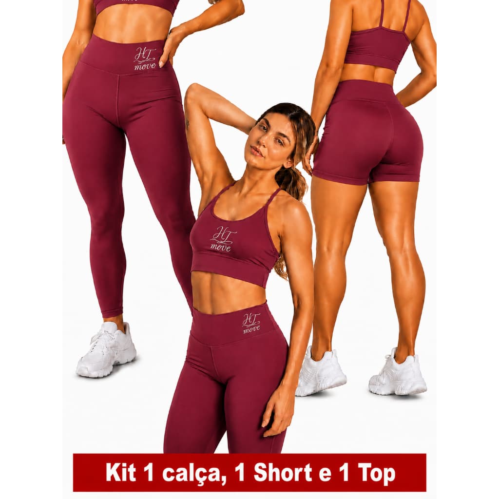 Kit Calça Legging + Short + Top Fitness Feminina Cintura Alta Empina Bumbum Academia Roupas Femininas