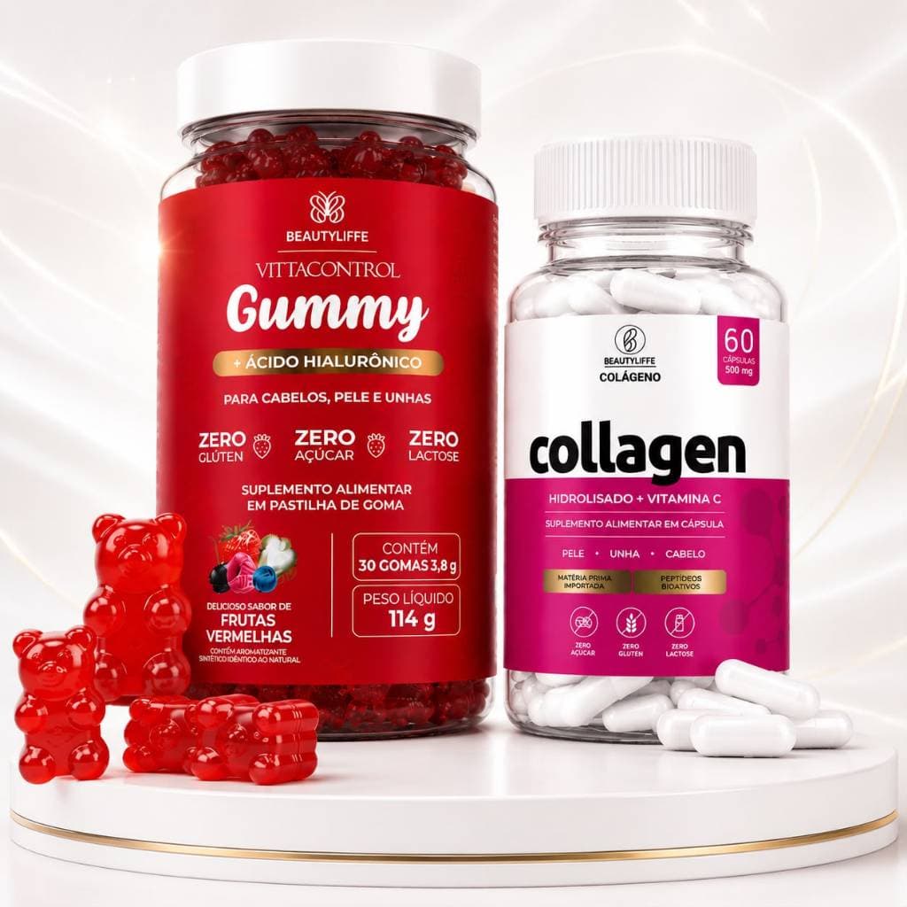 Goma de Vitamina Crescimento Capilar + Colageno Kit Completo Pele Unhas e Cabelo + Ácido Hialurônico