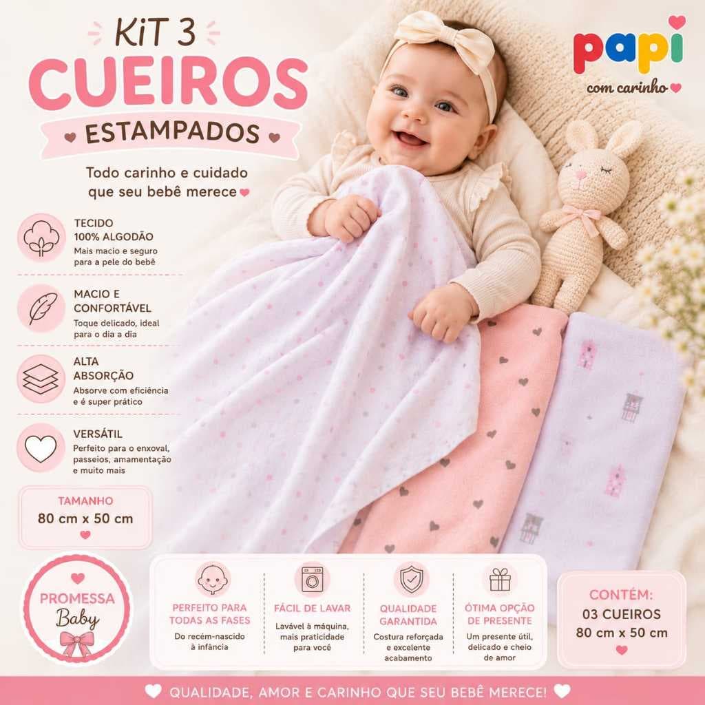 Kit 3 Cueiros Bebê 80x50 Menino Menina Enxoval Maternidade Confortável Papi