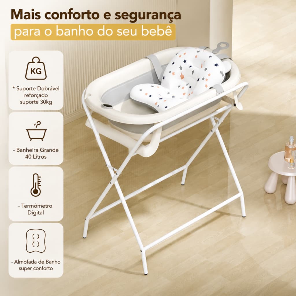 Banheira Dobrável Com Suporte Almofada E Termômetro Banheira Com Suporte Infantil Cinza
