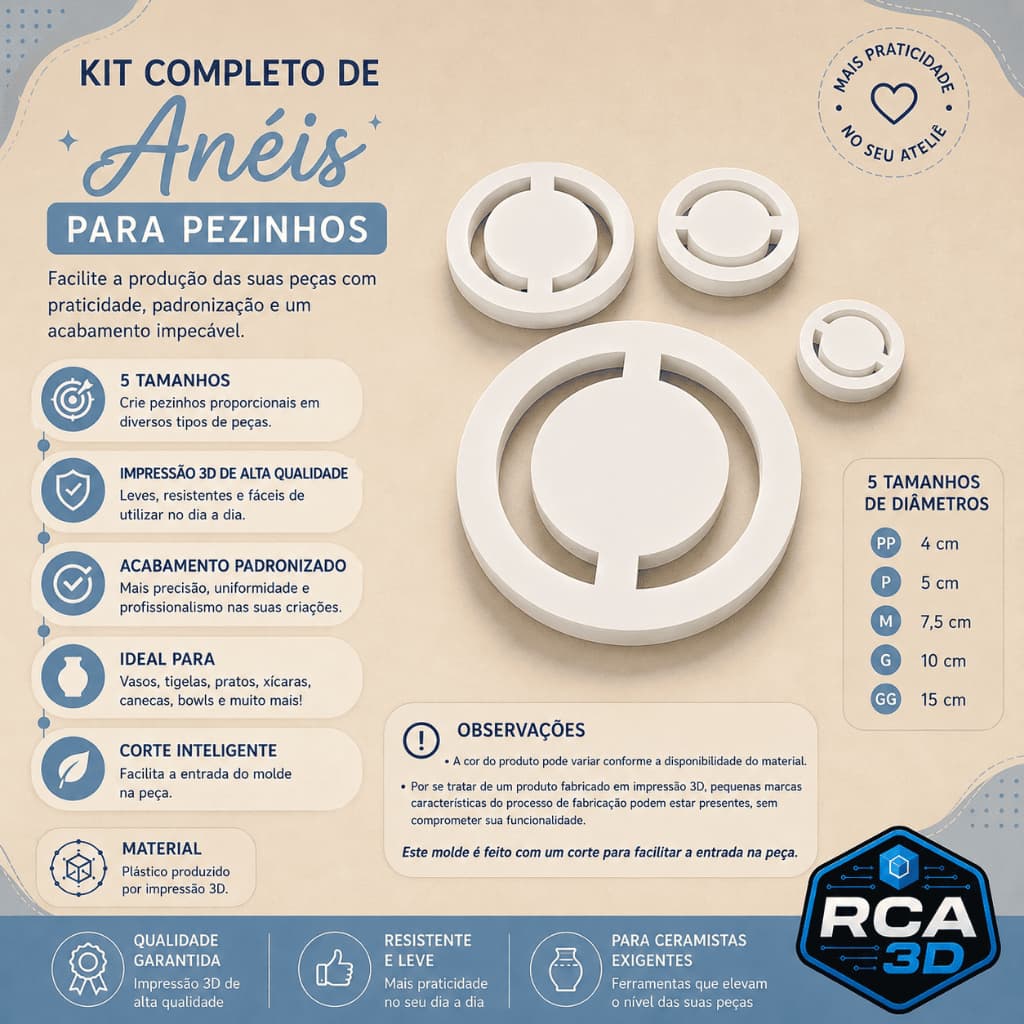 Kit completo de moldes anéis para pezinhos em cerâmica (kit com 5 tamanhos) - Ferramentas para trabalho com cerâmica
