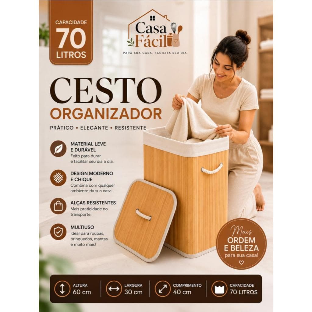 Cesto Organizador de Bambu 70L Premium com Tampa e Alças -  Roupa Suja, Lavanderia, Banheiro e Quarto
