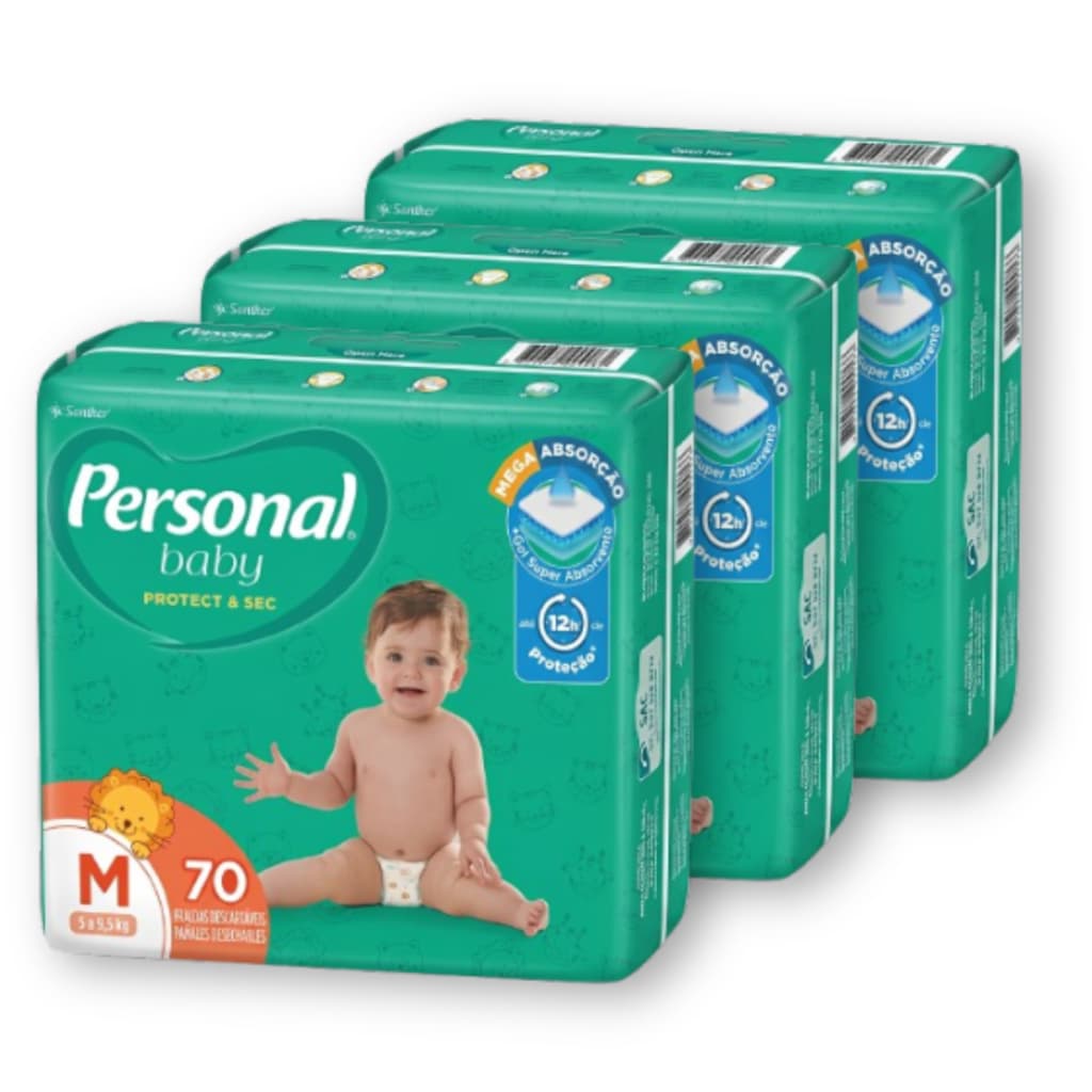 Kit 3 Fralda Personal Baby Protect & Sec Tamanho M Pacote Hiper - Total 210 Unidades