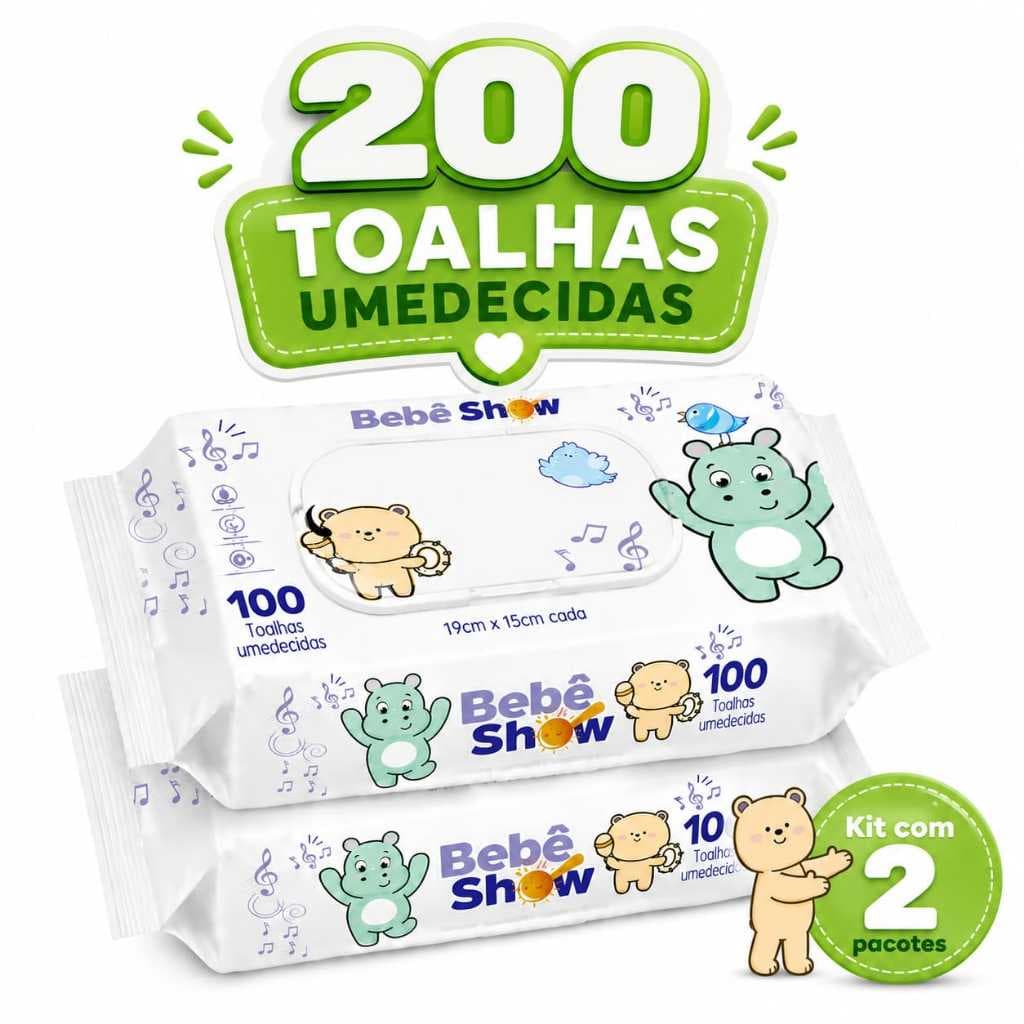 Lenço Umedecido Bebê Show 200 Unidades | Toalha Umedecida Bebê | Kit 2 Pacotes | Sem Álcool 98% Água