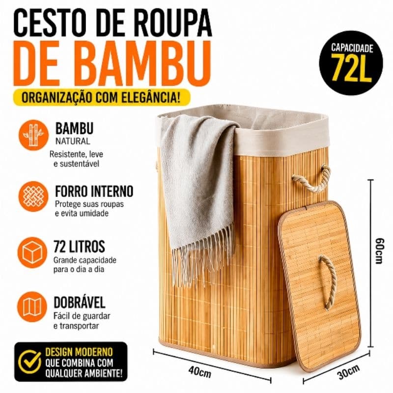Cesto de Roupa Suja Bambu 72 Litros Dobrável com Tampa e Forro | Organizador Grande Retangular para Banheiro
