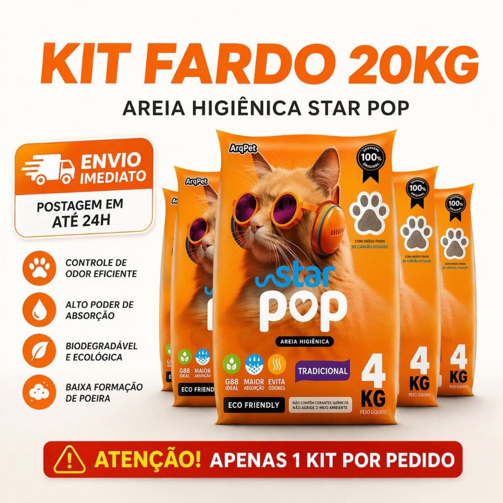 Kit 5 Areia Sanitária Higiênica Argila Natural Star Pop Tradicional para Gatos Antiodor 20kg Argipet