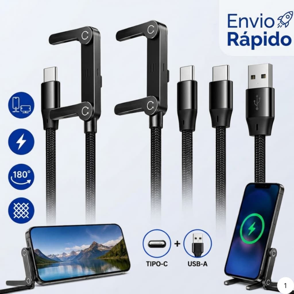 Cabo Com Suporte Articulado 2 em 1 Vertical Horizontal Carregamento Rápido 240W Tipo-C USB-A Carregador Celular Tablete.
