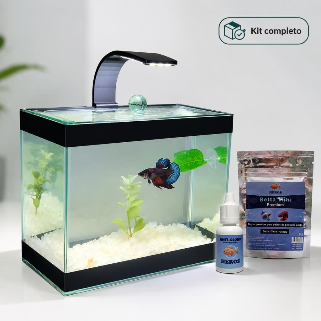Aquário de Peixes Completo - Luminária Led - Ração para Peixe - Decoração - Anticloro - Aquário Para Betta