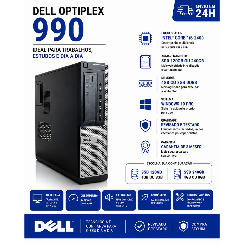 CPU COMPUTADOR DELL INTEL I5 - 4 OU 8GB / GABINETE SLIM - ESTUDOS / TRABALHO / PDV