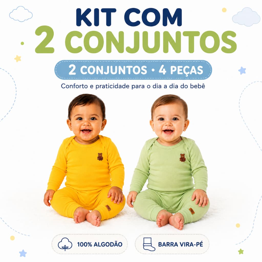 Kit 4 Roupinha Bebê Body Mijão Manga Longa e Calça Algodão Roupa Bebê Menino Menina RN ao G Enxoval Suedine