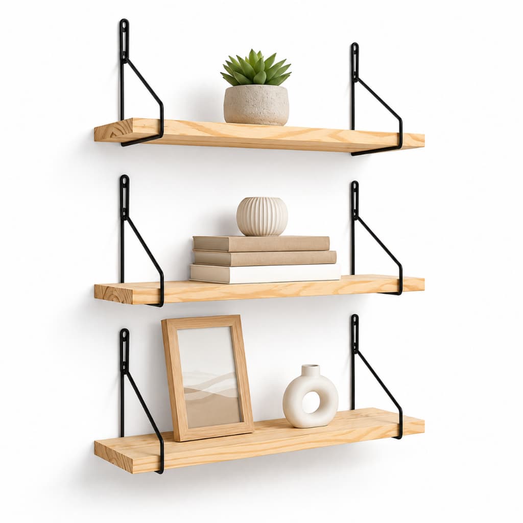 Kit 3 Prateleiras de Parede Madeira MDF Suporte Metal Decorativa Sala Quarto Livros
